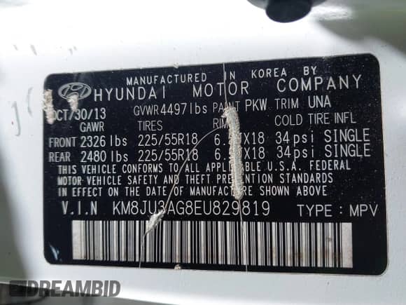 2014 Hyundai Tucson SE with VIN KM8JU3AG8EU829819, listed as a IAAI auction lot 41702183 with 90,791 mi miles and . Bid and sale history available at DreamBid. Image 9.