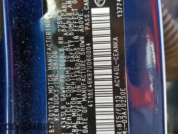 2007 Toyota Camry LE z VIN 4T1BE46K87U060004, wystawiony jako Copart lot #82319965 z przebiegiem 144 769 mil mil oraz Szkoda całkowita • Salvage title. Historia ofert i sprzedaży dostępna na DreamBid. Obrazek 12.