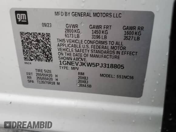 2023 Chevrolet Traverse RS with VIN 1GNEVJKW5PJ318805, listed as a Copart auction lot 62884815 with 24,606 mi miles and Salvage title. Bid and sale history available at DreamBid. Image 14.