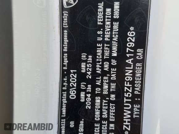 2022 Lamborghini Huracan с VIN ZHWUT5ZF9NLA17926, выставлен на аукционе Copart как лот 83543394 с пробегом 5 830 миль миль и Списание • Salvage title. История ставок и продаж доступна на DreamBid. Изображение 14.