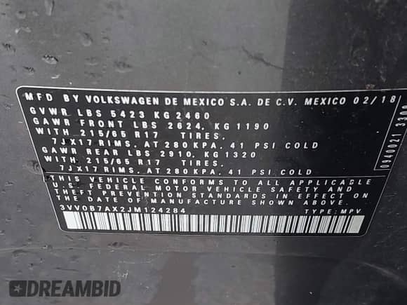 2018 Volkswagen Tiguan S с VIN 3VV0B7AX2JM124284, выставлен на аукционе IAAI как лот 42217825 с пробегом 80 502 миль миль и . История ставок и продаж доступна на DreamBid. Изображение 9.