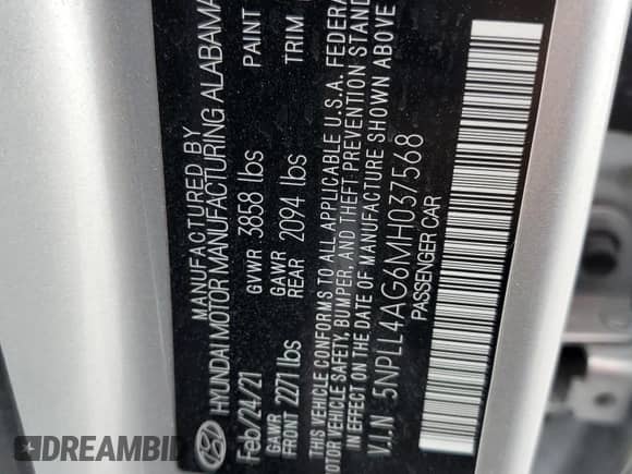 2021 Hyundai Elantra SE with VIN 5NPLL4AG6MH037568, listed as a Copart auction lot 85637625 with 94,926 mi miles and Non repairable. Bid and sale history available at DreamBid. Image 12.