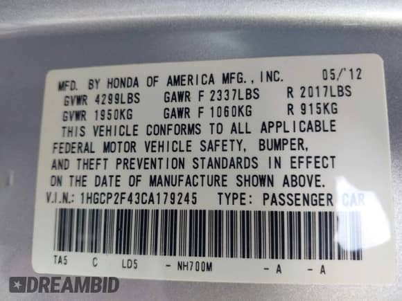 2012 Honda Accord LX Premium с VIN 1HGCP2F43CA179245, выставлен на аукционе IAAI как лот 42924518 с пробегом 108 740 миль миль и . История ставок и продаж доступна на DreamBid. Изображение 9.