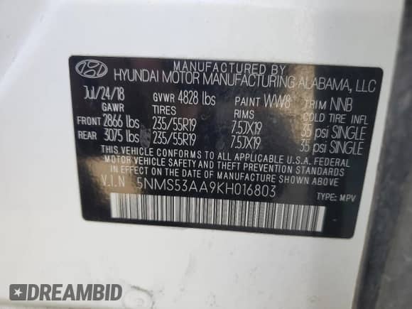 2019 Hyundai Santa Fe Limited z VIN 5NMS53AA9KH016803, wystawiony jako Copart lot #41851165 z przebiegiem 178 432 mil mil oraz Szkoda całkowita • Salvage title. Historia ofert i sprzedaży dostępna na DreamBid. Obrazek 13.