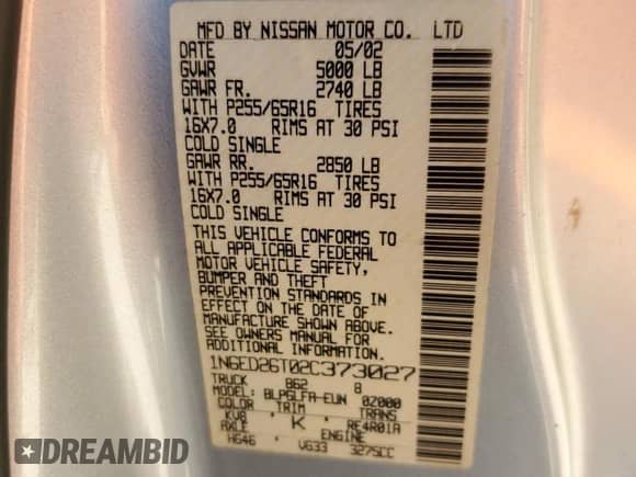 2002 Nissan Frontier XE with VIN 1N6ED26T02C373027, listed as a Copart auction lot 82187955 with 182,045 mi miles and Clean title. Bid and sale history available at DreamBid. Image 12.