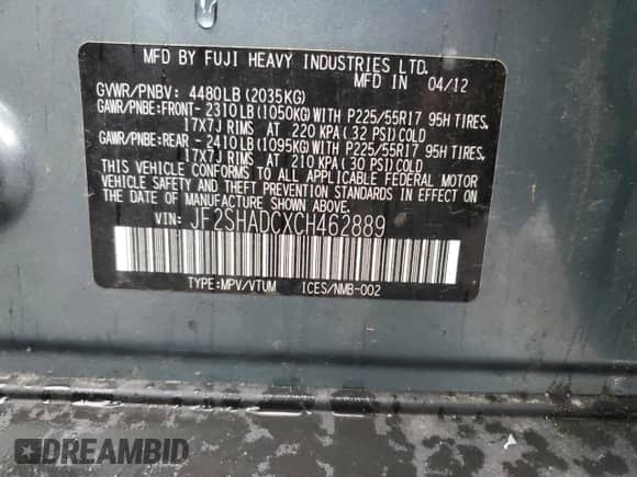 2012 Subaru Forester X Premium z VIN JF2SHADCXCH462889, wystawiony jako Copart lot #85280885 z przebiegiem 68 616 mil mil oraz Szkoda całkowita • Salvage title. Historia ofert i sprzedaży dostępna na DreamBid. Obrazek 13.