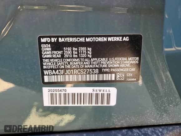 2024 BMW 5 Series 530i with VIN WBA43FJ01RCS27538, listed as a Copart auction lot 71988905 with Not provided miles and Salvage title. Bid and sale history available at DreamBid. Image 12.