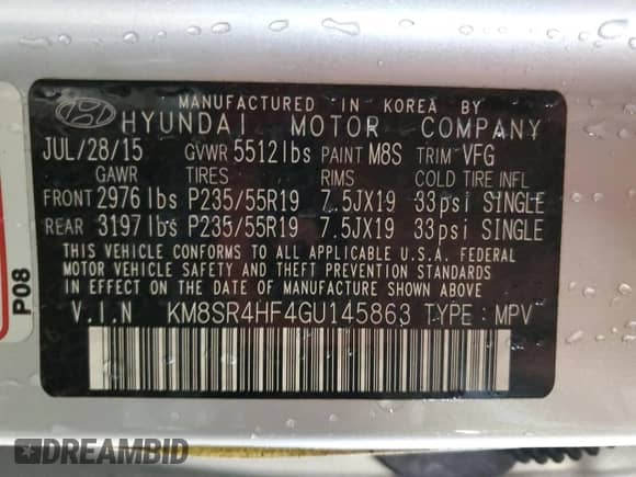 2016 Hyundai Santa Fe SE with VIN KM8SR4HF4GU145863, listed as a Copart auction lot 55617815 with 85,342 mi miles and Salvage title. Bid and sale history available at DreamBid. Image 13.