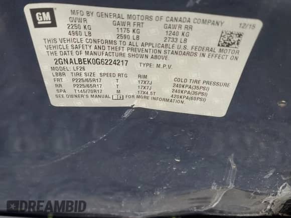 2016 Chevrolet Equinox LS с VIN 2GNALBEK0G6224217, выставлен на аукционе Copart как лот 56497695 с пробегом 93 617 миль миль и Списание • Salvage title. История ставок и продаж доступна на DreamBid. Изображение 12.