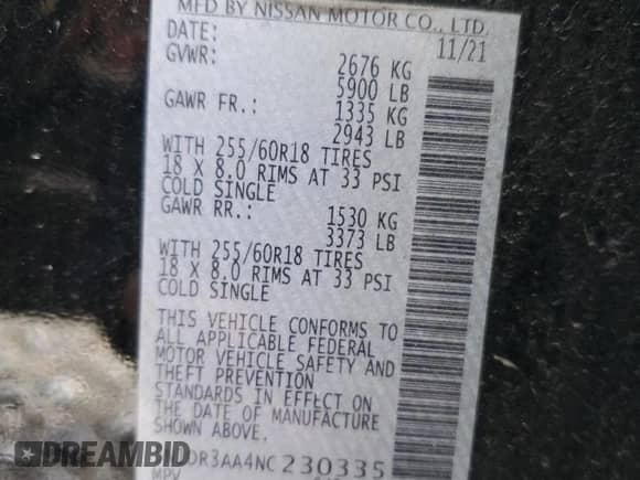 2022 Nissan Pathfinder S z VIN 5N1DR3AA4NC230335, wystawiony jako Copart lot #84510744 z przebiegiem Nie podano mil oraz Szkoda całkowita • Salvage title. Historia ofert i sprzedaży dostępna na DreamBid. Obrazek 14.