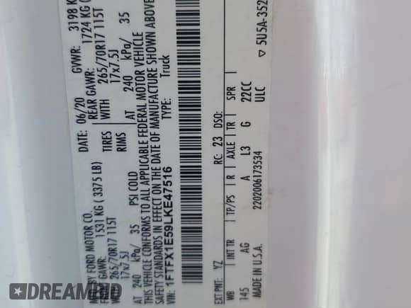 2020 Ford F-150 XL with VIN 1FTFX1E59LKE47516, listed as a Copart auction lot 64225235 with Not provided miles and Salvage title. Bid and sale history available at DreamBid. Image 12.