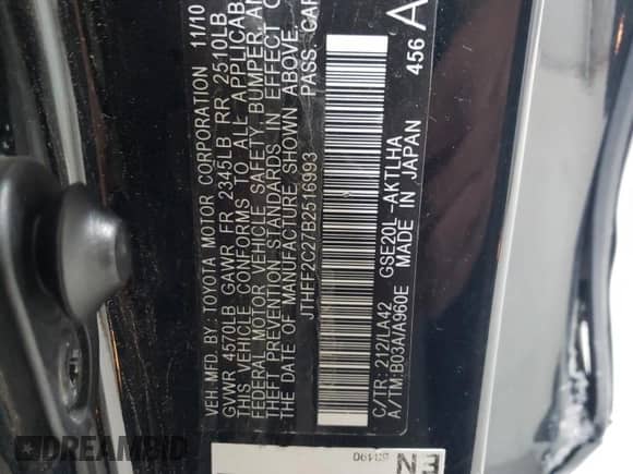 2011 Lexus IS 250 C with VIN JTHFF2C27B2516993, listed as a Copart auction lot 58321315 with 168,763 mi miles and Salvage title. Bid and sale history available at DreamBid. Image 12.