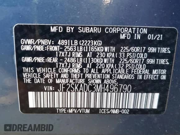 2021 Subaru Forester with VIN JF2SKADC3MH496790, listed as a Copart auction lot 82537355 with 32,420 mi miles and Salvage title. Bid and sale history available at DreamBid. Image 13.