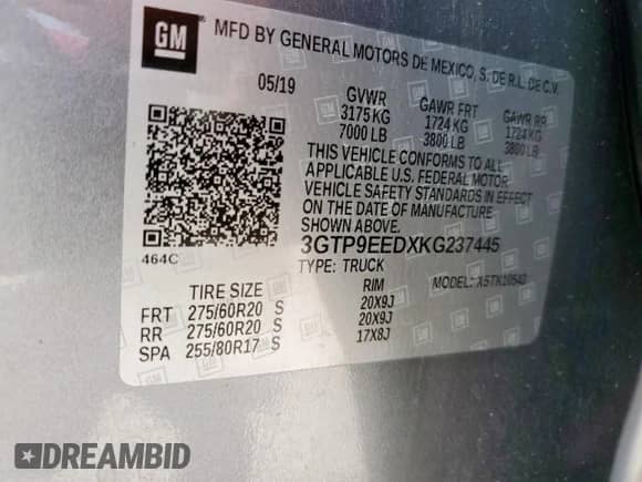 2019 GMC Sierra 1500 AT4 with VIN 3GTP9EEDXKG237445, listed as a Copart auction lot 58352915 with 62,481 mi miles and Clean title. Bid and sale history available at DreamBid. Image 12.