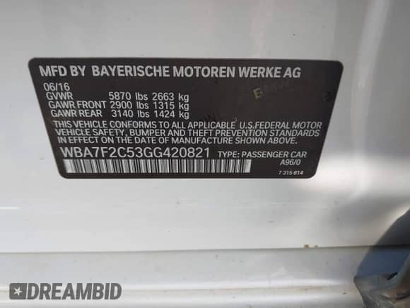 2016 BMW 7 Series 750i xDrive with VIN WBA7F2C53GG420821, listed as a IAAI auction lot 42146821 with 127,849 mi miles and . Bid and sale history available at DreamBid. Image 9.