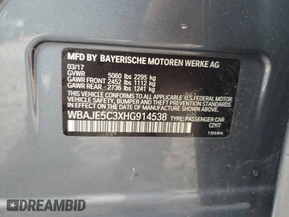 2017 BMW 5 Series 540i с VIN WBAJE5C3XHG914538, выставлен на аукционе Copart как лот 68943535 с пробегом Не указан миль и Списание • Salvage title. История ставок и продаж доступна на DreamBid. Изображение 12.