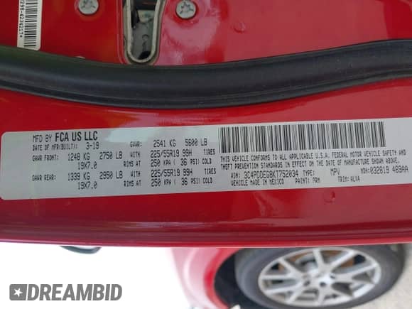 2019 Dodge Journey GT with VIN 3C4PDDEG8KT752034, listed as a IAAI auction lot 42722223 with 95,936 mi miles and . Bid and sale history available at DreamBid. Image 9.