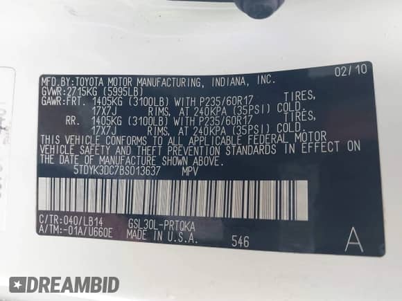 2011 Toyota Sienna XLE with VIN 5TDYK3DC7BS013637, listed as a IAAI auction lot 43363661 with 178,702 mi miles and . Bid and sale history available at DreamBid. Image 9.