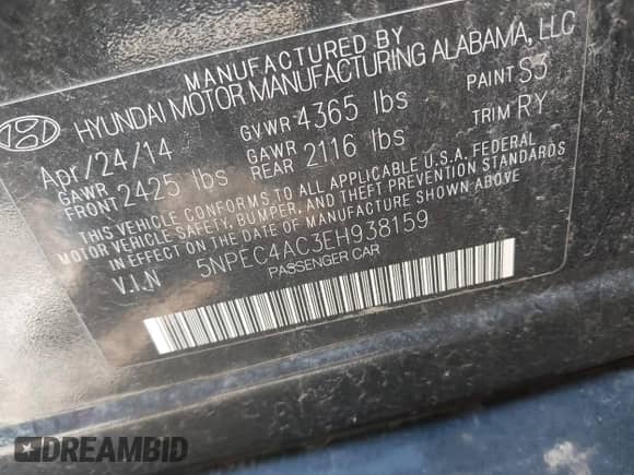 2014 Hyundai Sonata SE with VIN 5NPEC4AC3EH938159, listed as a IAAI auction lot 43422039 with 84,551 mi miles and . Bid and sale history available at DreamBid. Image 9.