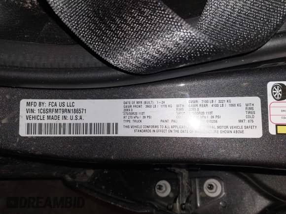 2024 Ram 1500 Big Horn with VIN 1C6SRFMT9RN186571, listed as a IAAI auction lot 41249166 with Not provided miles and . Bid and sale history available at DreamBid. Image 9.