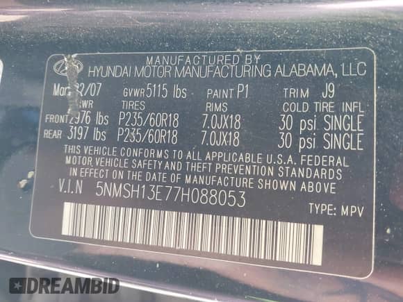 2007 Hyundai Santa Fe SE с VIN 5NMSH13E77H088053, выставлен на аукционе IAAI как лот 43412287 с пробегом 144 917 миль миль и . История ставок и продаж доступна на DreamBid. Изображение 9.