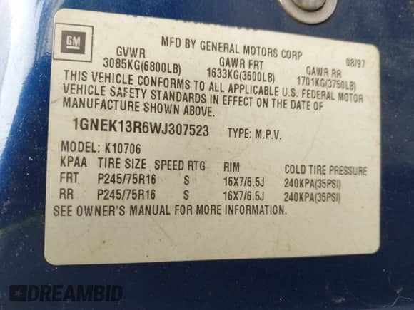 1998 Chevrolet Tahoe z VIN 1GNEK13R6WJ307523, wystawiony jako IAAI lot #42370506 z przebiegiem 268 361 mil mil oraz . Historia ofert i sprzedaży dostępna na DreamBid. Obrazek 9.