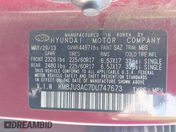 2013 Hyundai Tucson GLS с VIN KM8JU3AC7DU747673, выставлен на аукционе IAAI как лот 43288531 с пробегом 97 777 миль миль и . История ставок и продаж доступна на DreamBid. Изображение 9.