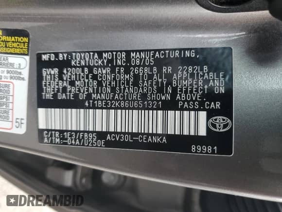 2006 Toyota Camry LE with VIN 4T1BE32K86U651321, listed as a Copart auction lot 86110585 with 77,256 mi miles and Salvage title. Bid and sale history available at DreamBid. Image 12.