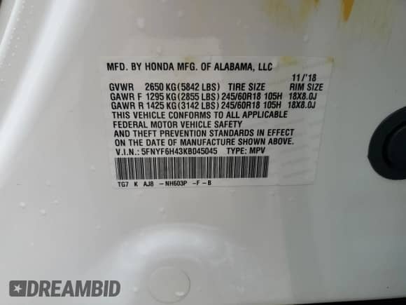 2019 Honda Pilot EX-L z VIN 5FNYF6H43KB045045, wystawiony jako Copart lot #69202665 z przebiegiem 82 139 mil mil oraz Szkoda całkowita • Salvage title. Historia ofert i sprzedaży dostępna na DreamBid. Obrazek 14.