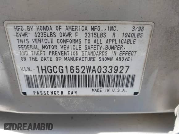 1998 Honda Accord EX с VIN 1HGCG1652WA033927, выставлен на аукционе IAAI как лот 42881146 с пробегом 214 533 миль миль и . История ставок и продаж доступна на DreamBid. Изображение 9.