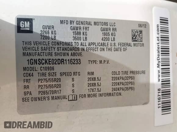 2013 Chevrolet Suburban LTZ with VIN 1GNSCKE02DR116233, listed as a IAAI auction lot 42275247 with 265,847 mi miles and . Bid and sale history available at DreamBid. Image 9.
