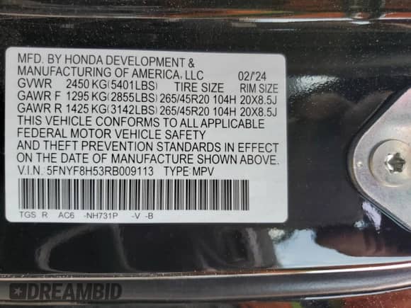 2024 Honda Passport EX-L with VIN 5FNYF8H53RB009113, listed as a Copart auction lot 54987545 with 9,443 mi miles and Salvage title. Bid and sale history available at DreamBid. Image 13.