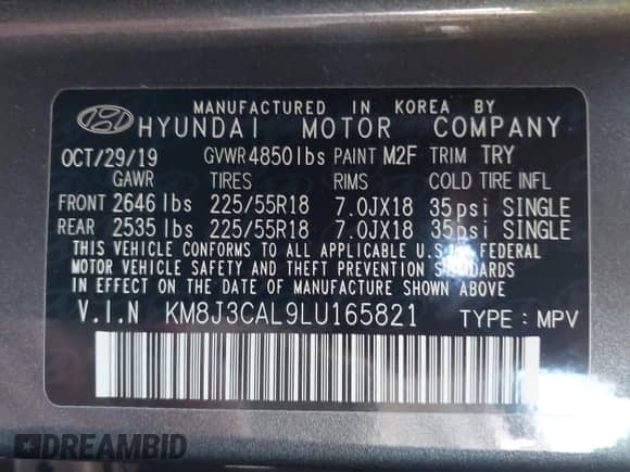 2020 Hyundai Tucson Sport with VIN KM8J3CAL9LU165821, listed as a IAAI auction lot 43141934 with 43,439 mi miles and . Bid and sale history available at DreamBid. Image 9.