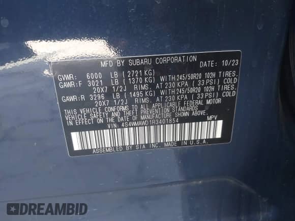 2024 Subaru Ascent Touring with VIN 4S4WMAWD1R3401854, listed as a IAAI auction lot 43304735 with 27,623 mi miles and . Bid and sale history available at DreamBid. Image 9.