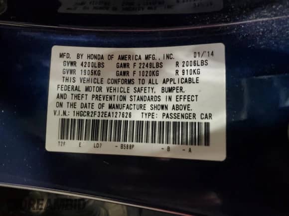 2014 Honda Accord LX с VIN 1HGCR2F32EA127626, выставлен на аукционе Copart как лот 81242575 с пробегом 96 730 миль миль и Списание • Salvage title. История ставок и продаж доступна на DreamBid. Изображение 12.