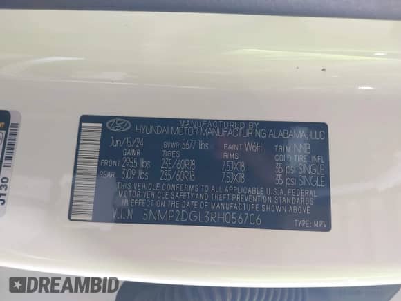 2024 Hyundai Santa Fe SEL with VIN 5NMP2DGL3RH056706, listed as a IAAI auction lot 42776345 with 8,804 mi miles and . Bid and sale history available at DreamBid. Image 9.