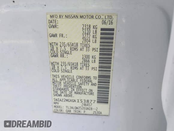 2016 Nissan Murano S with VIN 5N1AZ2MGXGN153877, listed as a IAAI auction lot 41837774 with 74,132 mi miles and . Bid and sale history available at DreamBid. Image 9.