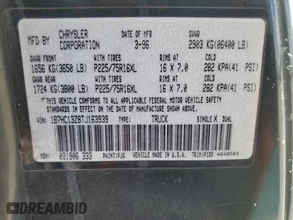 1996 Dodge 1500 with VIN 1B7HC13Z8TJ163939, listed as a Copart auction lot 80375915 with 351,129 mi miles and Salvage title. Bid and sale history available at DreamBid. Image 12.