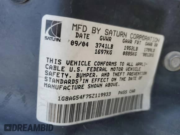 2005 Saturn ION with VIN 1G8AG54F75Z119933, listed as a Copart auction lot 48422065 with 167,523 mi miles and Non repairable. Bid and sale history available at DreamBid. Image 12.
