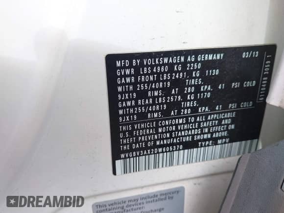 2013 Volkswagen Tiguan S с VIN WVGBV3AX2DW605370, выставлен на аукционе IAAI как лот 43424001 с пробегом 127 928 миль миль и . История ставок и продаж доступна на DreamBid. Изображение 9.