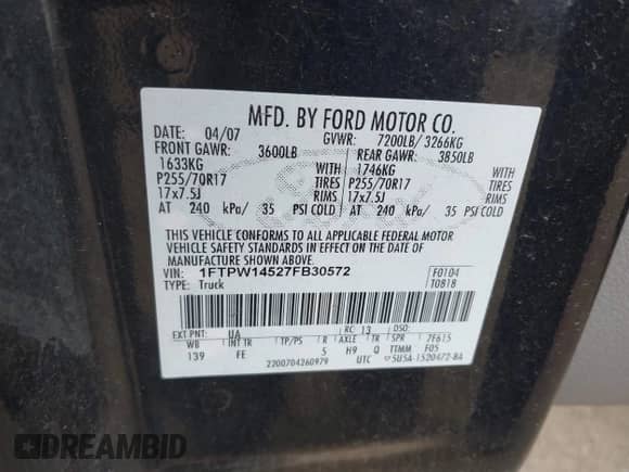 2007 Ford F-150 XLT с VIN 1FTPW14527FB30572, выставлен на аукционе IAAI как лот 43555851 с пробегом 60 451 миль миль и . История ставок и продаж доступна на DreamBid. Изображение 9.