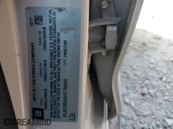 2017 Chevrolet Spark LT с VIN KL8CF6SA8HC798920, выставлен на аукционе Copart как лот 66393785 с пробегом 124 282 миль миль и Списание • Salvage title. История ставок и продаж доступна на DreamBid. Изображение 14.