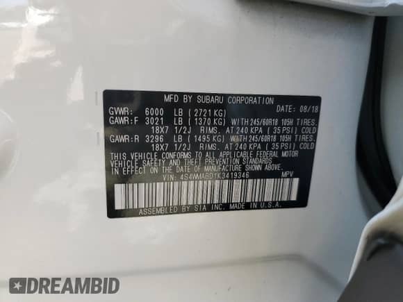 2019 Subaru Ascent Premium с VIN 4S4WMABD1K3419346, выставлен на аукционе Copart как лот 71705725 с пробегом 102 004 миль миль и Списание • Salvage title. История ставок и продаж доступна на DreamBid. Изображение 13.