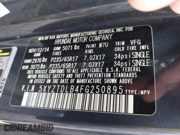 2015 Hyundai Santa Fe с VIN 5XYZTDLB4FG250895, выставлен на аукционе IAAI как лот 43318452 с пробегом 183 273 миль миль и . История ставок и продаж доступна на DreamBid. Изображение 9.