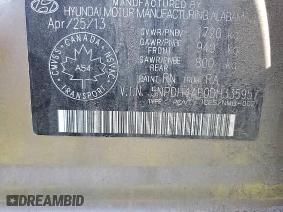 2013 Hyundai Elantra GLS z VIN 5NPDH4AE0DH335957, wystawiony jako Copart lot #64545405 z przebiegiem Nie podano mil oraz Szkoda całkowita • Salvage title. Historia ofert i sprzedaży dostępna na DreamBid. Obrazek 13.