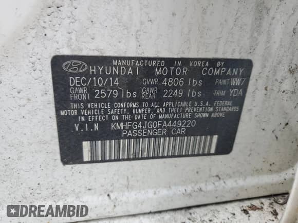 2015 Hyundai Azera с VIN KMHFG4JG0FA449220, выставлен на аукционе Copart как лот 65437325 с пробегом 123 245 миль миль и Чистый • Clean title. История ставок и продаж доступна на DreamBid. Изображение 12.