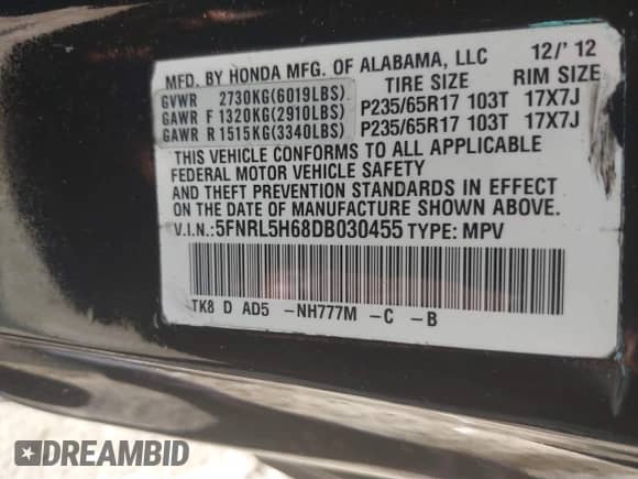 2013 Honda Odyssey EX-L с VIN 5FNRL5H68DB030455, выставлен на аукционе IAAI как лот 43086700 с пробегом 195 731 миль миль и . История ставок и продаж доступна на DreamBid. Изображение 9.