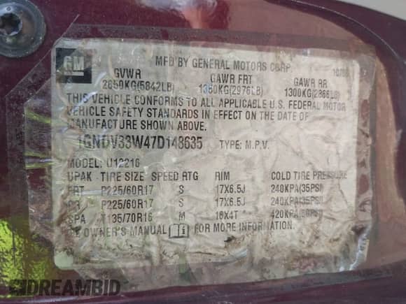 2007 Chevrolet Uplander 1LT z VIN 1GNDV33W47D148635, wystawiony jako IAAI lot #42693729 z przebiegiem 210 090 mil mil oraz . Historia ofert i sprzedaży dostępna na DreamBid. Obrazek 9.