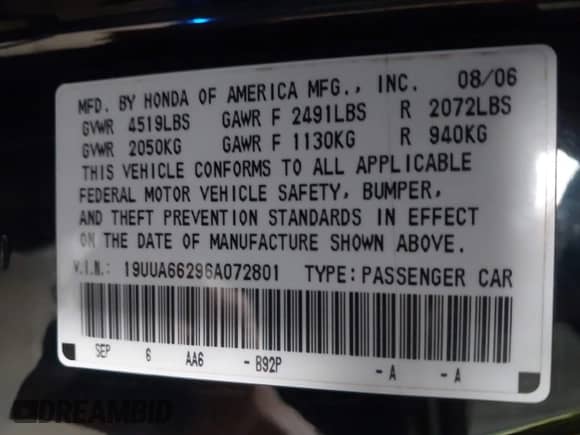 2006 Acura TL z VIN 19UUA66296A072801, wystawiony jako IAAI lot #43307958 z przebiegiem 199 620 mil mil oraz . Historia ofert i sprzedaży dostępna na DreamBid. Obrazek 9.