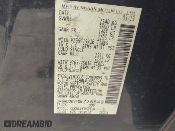 2013 Nissan Frontier SV with VIN 1N6AD0EV4DN726849, listed as a IAAI auction lot 42577190 with 216,547 mi miles and . Bid and sale history available at DreamBid. Image 9.